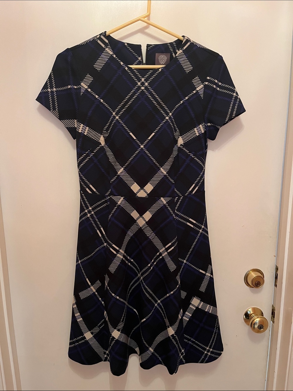 Vince Camuto Navy and White Plaid Short-Sleeve Fit & Flare Dress
